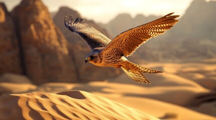 Falcon soaring over a desert, sharp eyes focused, cinematic and highly detailed, dynamic and powerful, natural and vibrant