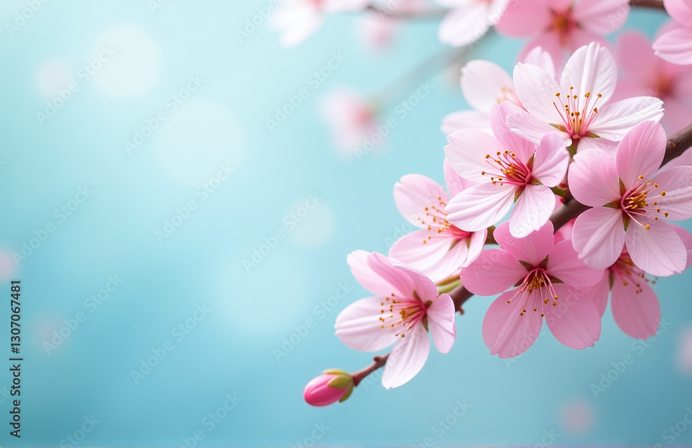 Poster colorful sakura blossoms on a light blue background with bokeh and a banner wishing a happy easter f