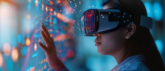 Woman Experiencing Immersive Virtual Reality Technology and Interacting with a Holographic Interface