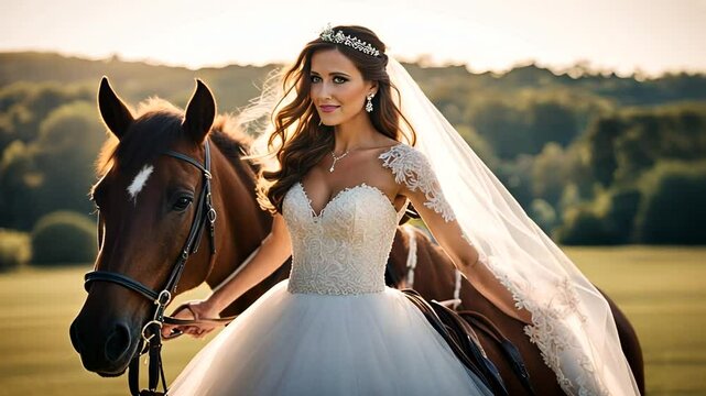Bride on a horse at a wedding.