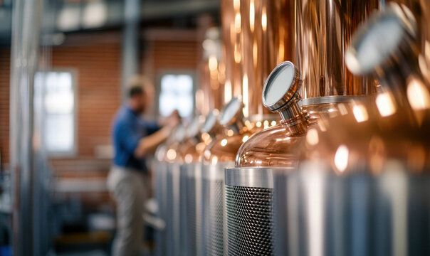 Micro-Distillery in Operation with Copper Stills and Distiller at Work