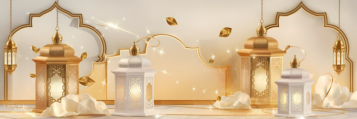 Golden and White Decorative Lanterns with Intricate Patterns Glowing Lights Floating Golden Leaves and Ornate Geometric Details in a Luxurious Arabian-Inspired Setting for Festive Islamic Celebrations