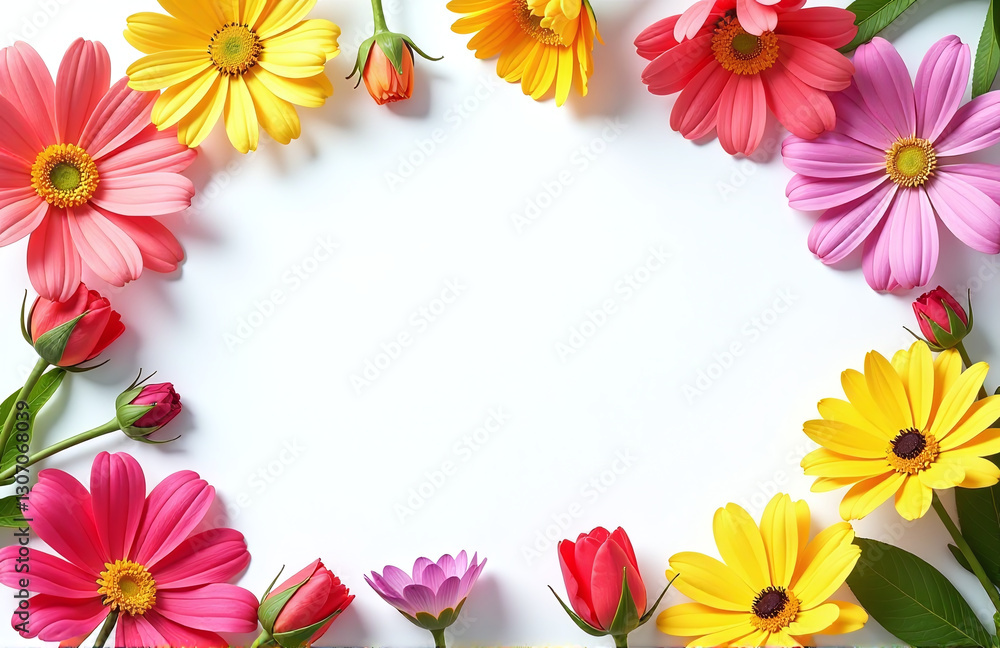 Aufkleber colorful flower frame with flat lay and top view on a clear white background, ideal for spring holid