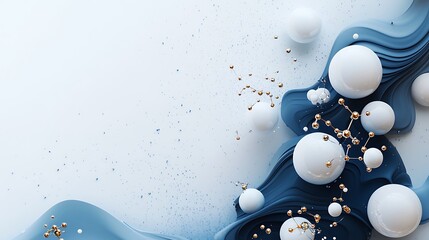 Transparent spheres and molecular bonds of cosmetics highlighted with sparkles create a stylish abstract pattern on a light blue background. Abstract representation of interconnected molecules.