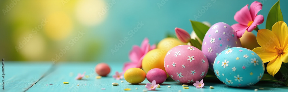 Poster Colorful Easter Scene With Selective Focus On Top Of Easter Eggs And Colorful Spring Flowers In A Blurred Background.