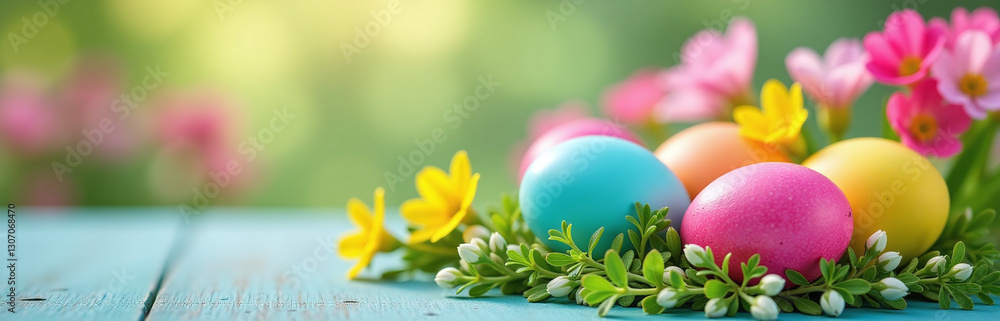 Poster Colorful Easter Scene With Selective Focus On Top Of Easter Eggs And Colorful Spring Flowers In A Blurred Background.