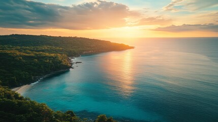 Fototapeta premium Aerial view of a secluded cove with turquoise waters and lush greenery, sunset sky reflecting on the ocean, serene and inviting vibe, ultra-detailed, 4K.
