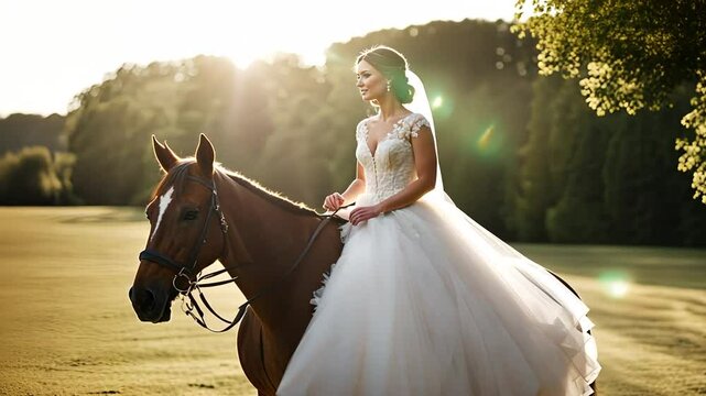 Bride on a horse at a wedding.