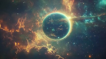 Obraz premium Floating space station orbiting a glowing planet, cosmic atmosphere, highly detailed technology, cinematic and vast, futuristic and sleek