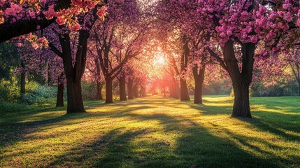Naklejka premium Delight in the serene atmosphere of spring where colorful blossoms fill the landscape and warm sunlight creates a peaceful ambiance in nature