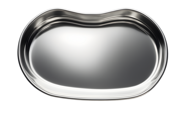 A kidney-shaped stainless steel medical tray, isolated on a empty plain background