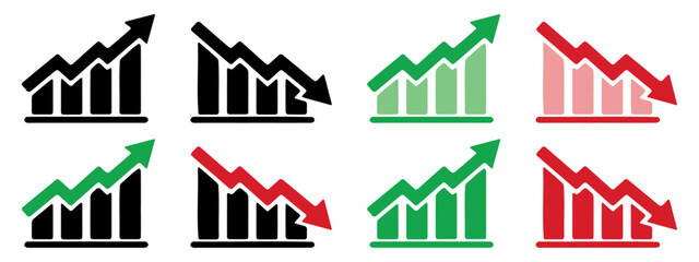 Graphic finance up down vector icon. Red green black  arrow chart graph. Market stock rate price grow and decline.