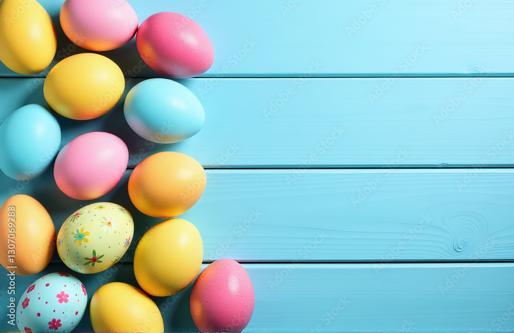 Poster Colorful Easter Eggs On A Light Blue Wooden Table Create A Visually Appealing Flat Lay Composition With Space For Added Text.