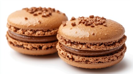 Two Chocolate Macarons on White Background