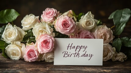 Birthday roses bouquet card. Pink white roses Happy Birthday. Rustic wood table. AI generated