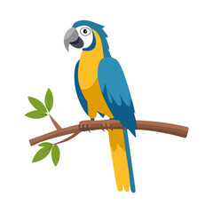 Macaw parrot sitting on a branch vector illustration. Exotic yellow blue bird on isolated background
