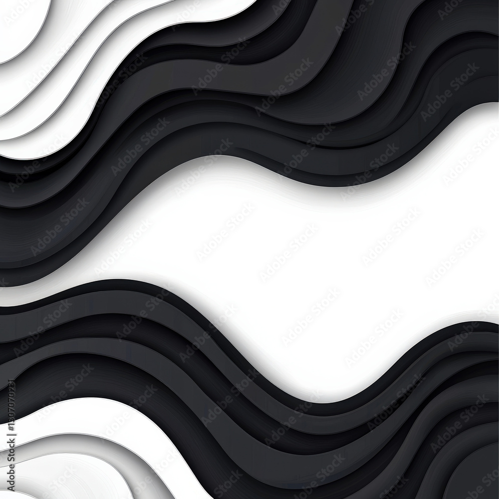 Poster abstract design featuring layered black and white waves creating a modern, artistic look with depth 