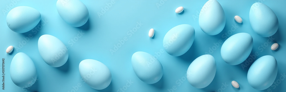 Poster classic blue easter eggs with various textures on a matching seamless blue background in web banner 