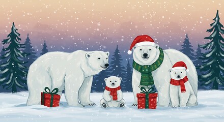 Fototapeta premium Illustration of Polar Bear Family in Winter Landscape - Christmas Greeting - Holiday Card Design