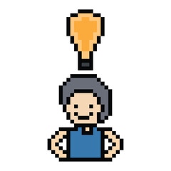 Obraz premium Cartoon cute character man face with light bulb idea creative think decoration pixel 8 bit male boy idea imagination cartoon pixel game png vector.