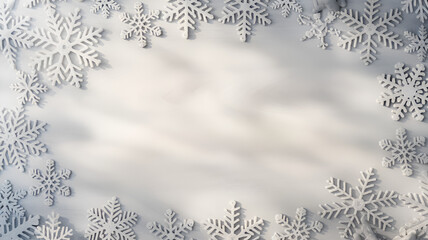 Elegant winter background with delicate white snowflakes, creating a frosty festive frame, perfect for Christmas, holiday greetings, seasonal designs, New Year invitations, and winter-themed projects.