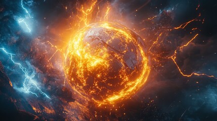 Obraz premium Glowing energy sphere surrounded by crackling lightning, abstract and powerful, cinematic and dynamic, highly detailed and futuristic, vibrant and bold