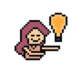 Obraz premium Cartoon cute character woman lady face with light bulb idea creative think decoration pixel 8 bit female girl idea imagination cartoon pixel game png vector.