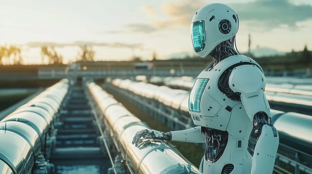 A futuristic robot observes technology over industrial metallic pipelines