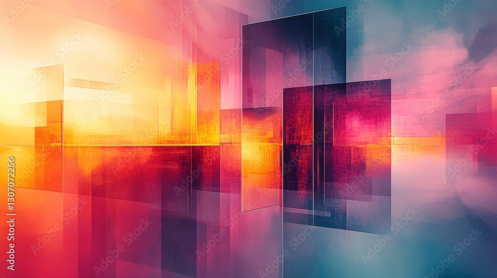 Poster a vibrant abstract composition featuring layers of color, light, and geometric shapes, creating a se