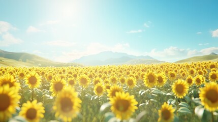 Obraz premium Golden field of sunflowers under a clear blue sky, bright and cheerful, cinematic and peaceful, highly detailed, warm and vibrant