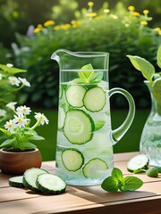 A pitcher filled with cucumber slices and mint leaves sits on a wooden table, accompanied by a potted plant and a vase of white flowers, with a lush garden backdrop.