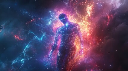 Human figure dissolving into light particles, abstract and surreal, highly detailed and cosmic, futuristic and powerful, cinematic and vibrant