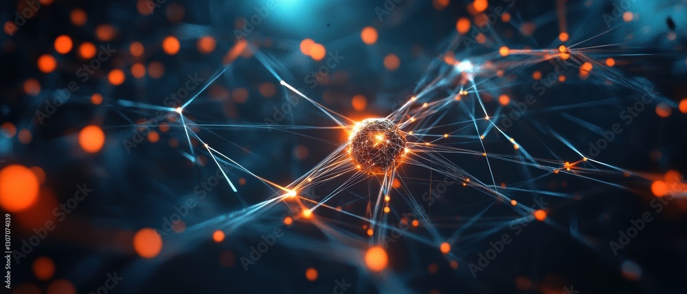 Poster abstract representation of connected particles in a blue and orange glow, illustrating the concept o
