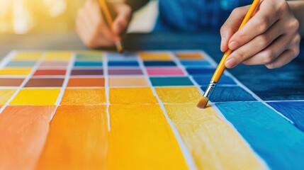 Obraz premium Close-Up of Hands Painting a Color Palette with Brush and Watercolors on a Wooden Table in Bright Light