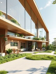 Fototapeta premium Charming Modern House with Expansive Glass Window Surrounded by Lush Greenery and Bright Blue Sky