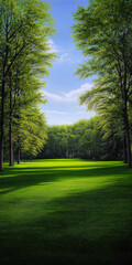 Obraz premium A tranquil landscape showcasing lush green grass and vibrant trees under a clear blue sky, inviting peace and reflection in nature’s embrace.