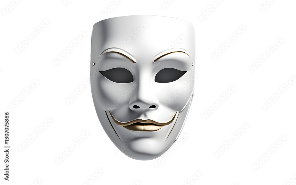Poster a blank white mask symbolizing mystery and anonymity, isolated on a empty plain background