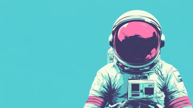 astronaut, low-angle, blue solid background, cool and serene, reflective helmet under soft lighting, minimalist approach to suit design.