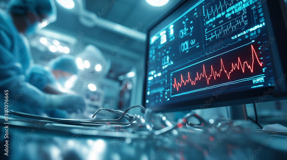 Poster close-up of surgical instruments in use as a team of doctors perform a critical operation, with vita