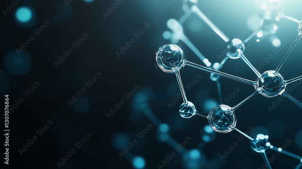 Aufkleber close-up of a 3d molecular model with glowing transparent atoms linked by thin rods, floating in a d