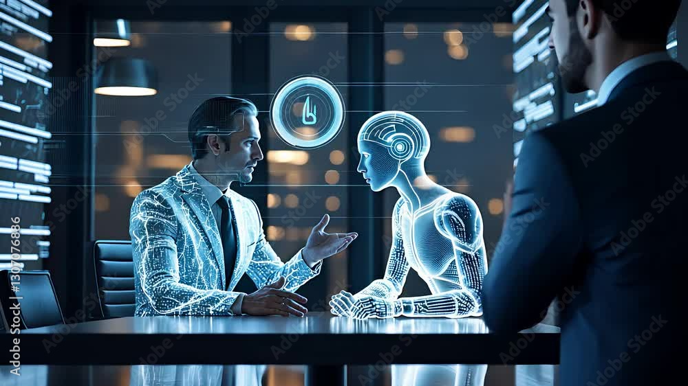 Poster business meeting with a futuristic ai hologram in a high-tech office featuring digital interfaces an