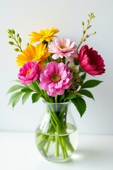 Obraz premium A beautiful bunch of assorted flowers in a glass vase on a white background, variety, colorful, arrangement