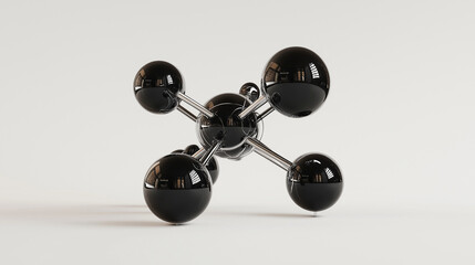 A futuristic molecular model with reflective transparent spheres and sleek titanium rods, demonstrating complex atomic interactions in a visually captivating manner.
