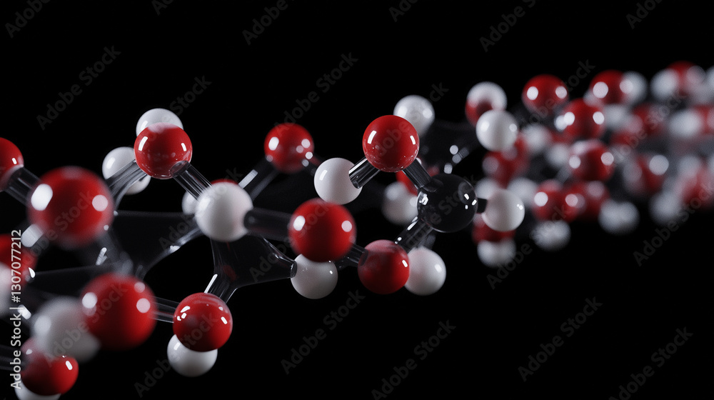 Poster dynamic 3d render of a molecular chain, where interconnected transparent spheres shimmer under soft 