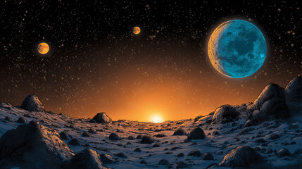 Alien Planet at Sunset: A breathtaking scene unfolds on an alien planet with a rocky terrain, where a vibrant sunset casts its golden and orange hues across the alien landscape.