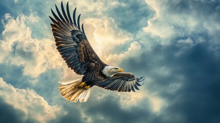 Fototapeta premium Majestic Eagle in Flight Against Dramatic Cloudy Sky, Symbolizing Freedom and Grace, Capturing the Spirit of Nature's Power and Beauty