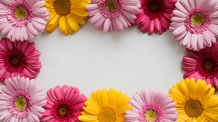 Floral frame with copy space pink, yellow, and red gerbera daisies on a white background, perfect for invitations, greeting cards, posters, and creative designs.