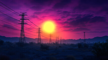 A stunning sunset paints the sky in vibrant hues of purple and orange, silhouetting towering power lines against a vast landscape.