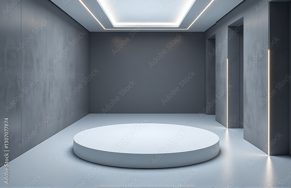 Poster a white circular platform sits on a light floor within an empty hallway flanked by a dark wall and g
