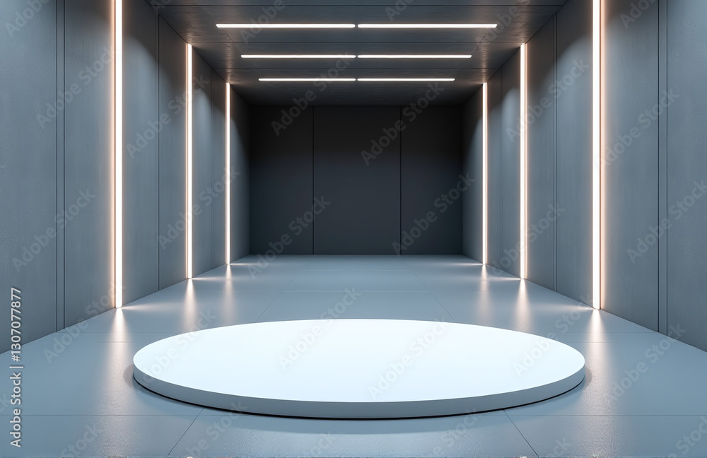 Poster A White Circular Platform Sits On A Light Floor Within An Empty Hallway Flanked By A Dark Wall And Glowing Led Lights.
